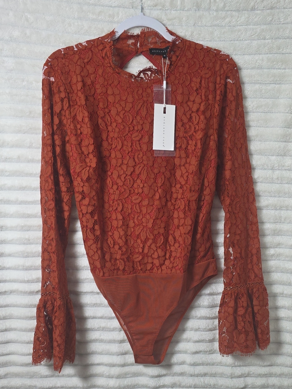 0282 Endless Rose Rust Orange Lace Bell-Sleeve Bodysuit; Medium